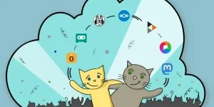 Deux chatons jonglent avec des logos de logiciels libres (Mobilizon, Castopod, Mumble, Nextcloud, Peertube, Pixelfed, Mastodon) devant une foule de félins en liesse qui jettent des confettis. En dessous, le texte : Pour des services au poil, en 2026 choisissez CHATONS