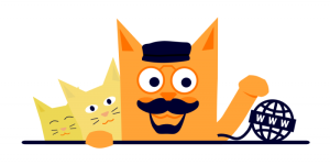 Logo Raoull, 2 chatons derrière le chaton Raoull, une patte sur le WWW