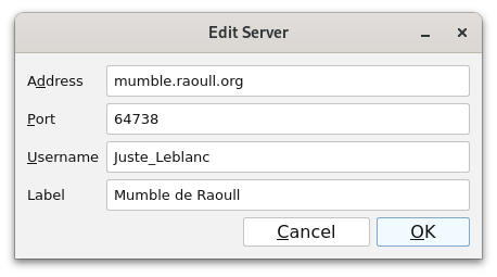 Capture d'écran lors de l'ajout du serveur Raoull sur Mumble. Les valeurs renseignées sont : adresse = mumble.raoull.org, port = 64738, nom d'utilisateur = Juste_Leblanc, label = "Mumble Raoull".
