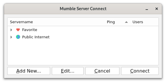Capture d'écran de la fenêtre de connexion Mumble.